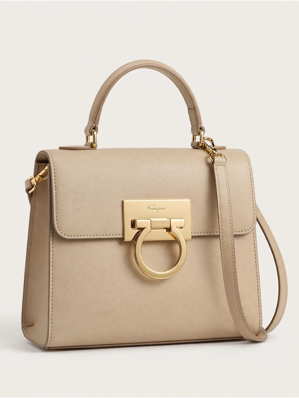 Salvatore Ferragamo Beige Leather Top-Handle Satchel with Gold Hardware